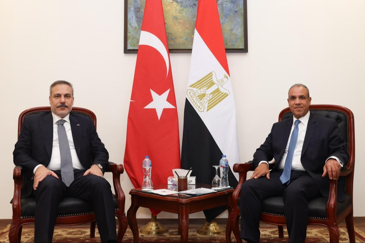 Minister of Foreign Affairs Hakan Fidan (L) meets with Egyptian Minister of Foreign Affairs, Emigration and Egyptian Expatriates Badr Abdelatty (R) in El Alamein, Egypt, on August 13, 2026. (Photo by Turkish Foreign Ministry / AA)