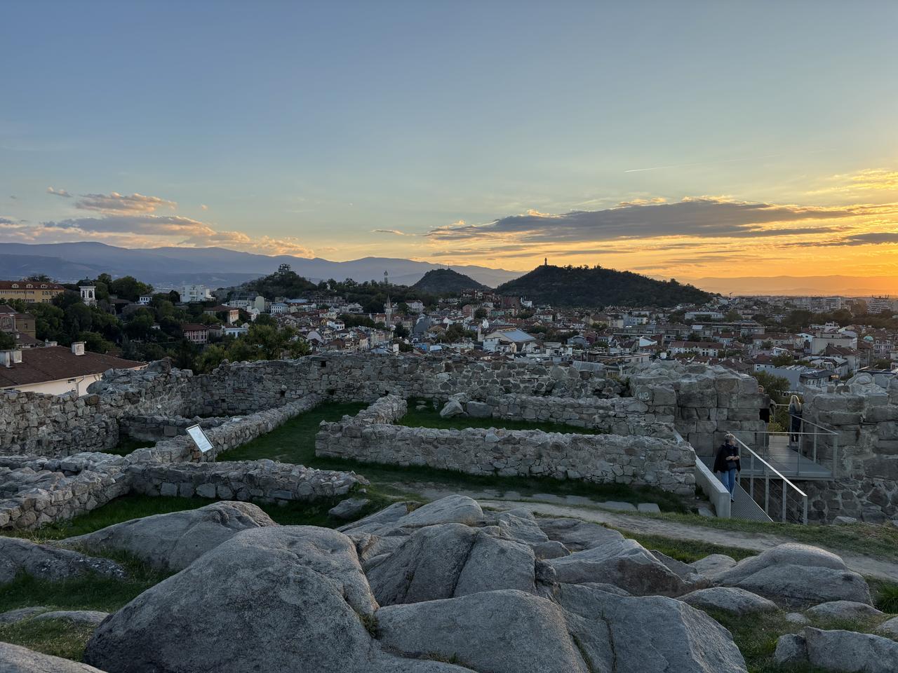 Ancient fortification walls at Nebet Tepe overlook Plovdiv, Bulgaria, at sunset on October 13, 2026. (AA Photo)