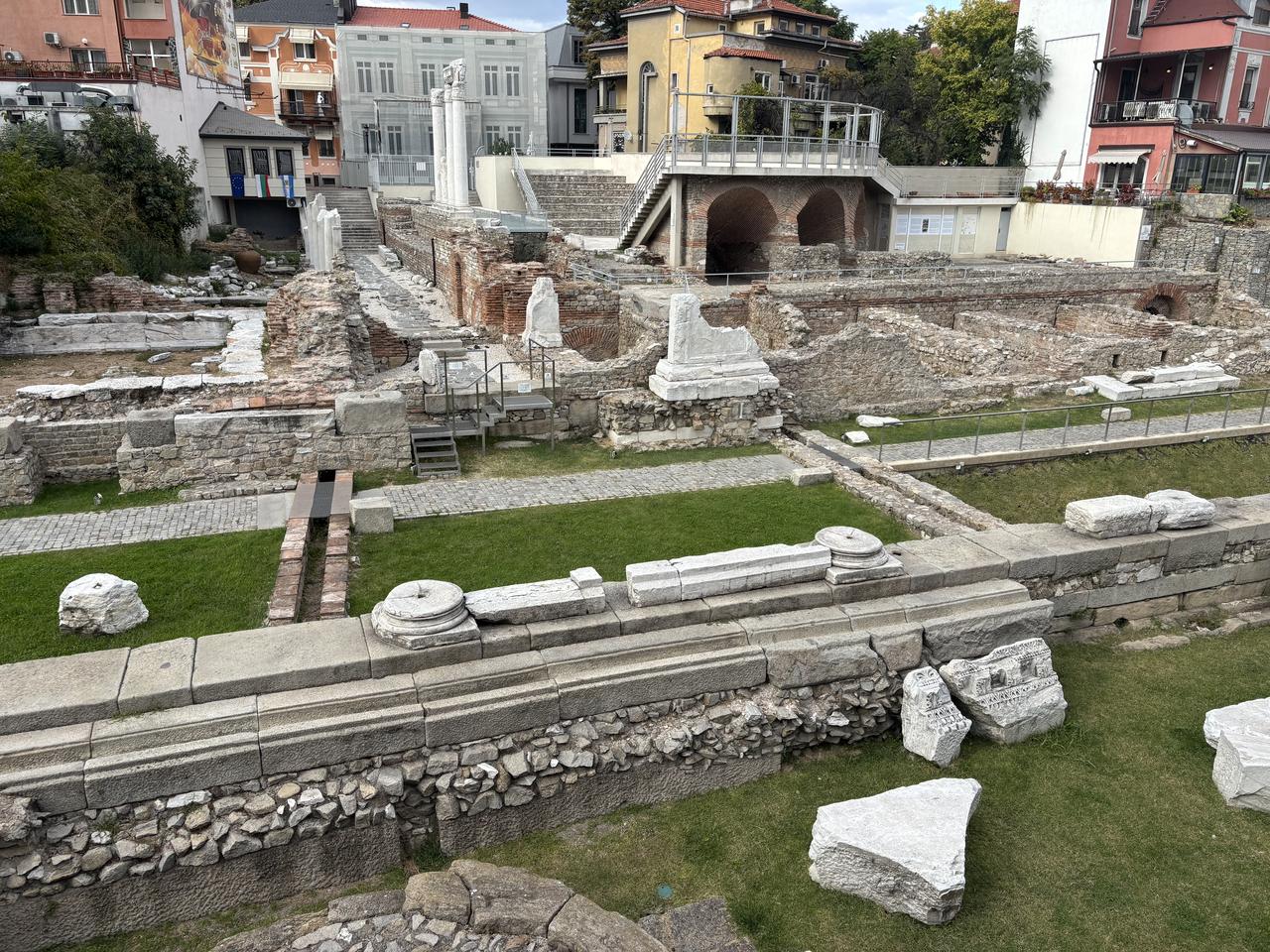 The remains of ancient Roman structures, including stone walls, columns and architectural fragments, are seen at an archaeological site in Plovdiv, Bulgaria, on October 13, 2026. (AA Photo)