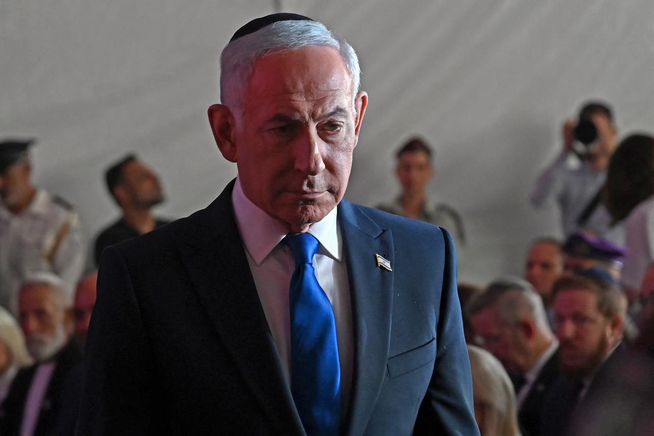 Israeli Prime Minister Benjamin Netanyahu attends the state memorial ceremony for the third anniversary of October 7 attack, at Mount Herzl military cemetery in Jerusalem on October 5, 2026. (AFP Photo)