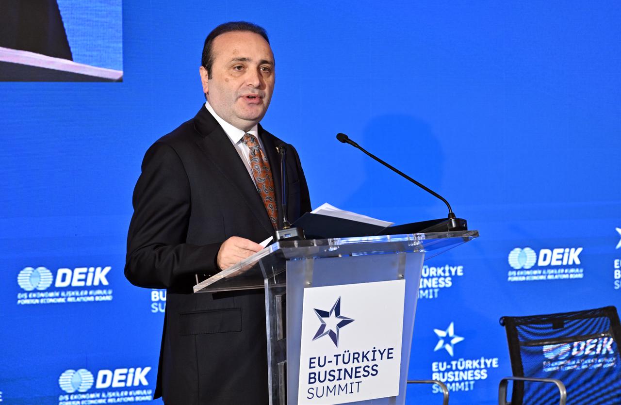 Türkiye's Deputy Trade Minister Mustafa Tuzcu speaks at the Türkiye-EU Business Summit in Brussels, Belgium, Oct. 13, 2026. (AA Photo)