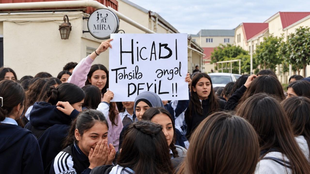 Students protesting while holding a banner reading 'Hijab is not an obstacle to education'. (JAMnews photo)