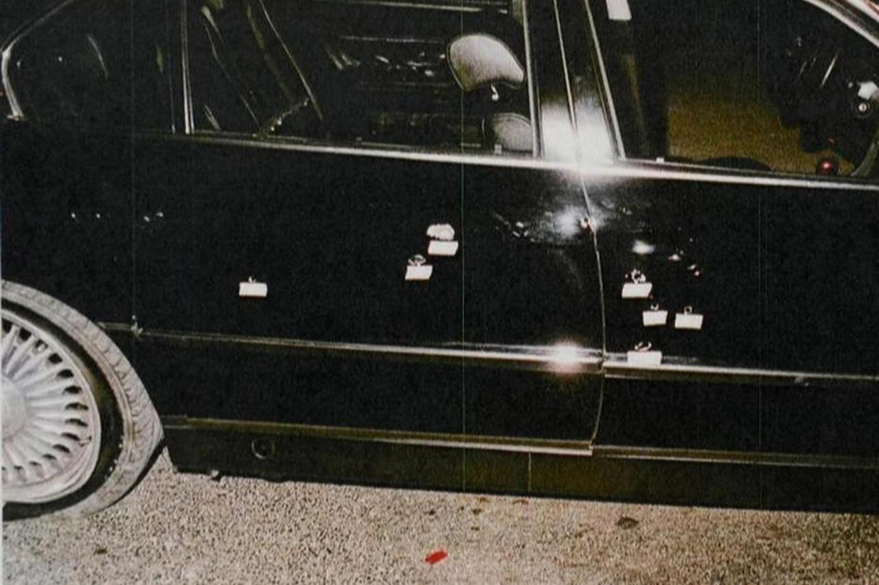 This undated photo provided by the Las Vegas Metropolitan Police Department shows the bullet-riddled car in which rapper Tupac Shakur was fatally shot in September 1996, in Las Vegas. (Photo via X/@ABC)
