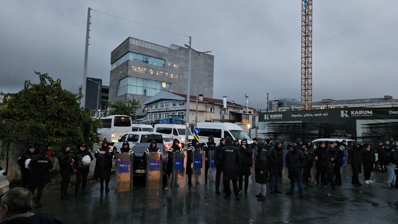 Turkish riot police secure the area outside Halk TV’s Istanbul headquarters during a police operation on Oct. 14, 2026. (IHA Photo)