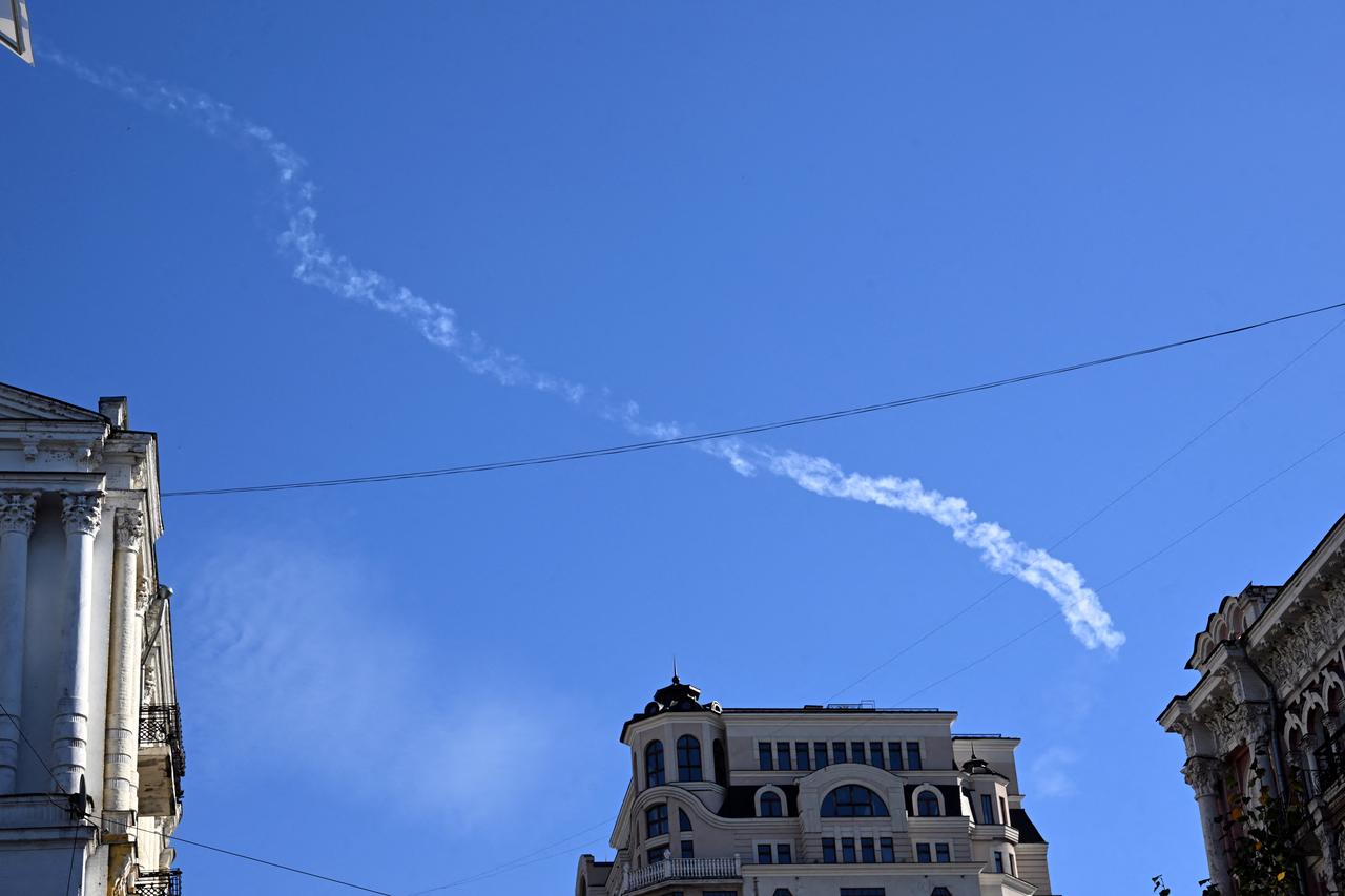 This photograph shows the trail of a missile during a Russian air strike on Kyiv on October 10, 2026, amid the Russian invasion of Ukraine. (AFP Photo)