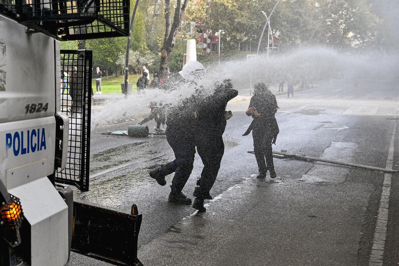 Police use a water cannon to disperse protesters during an anti-government demonstration in central Tirana on October 15, 2026. (AFP Photo)