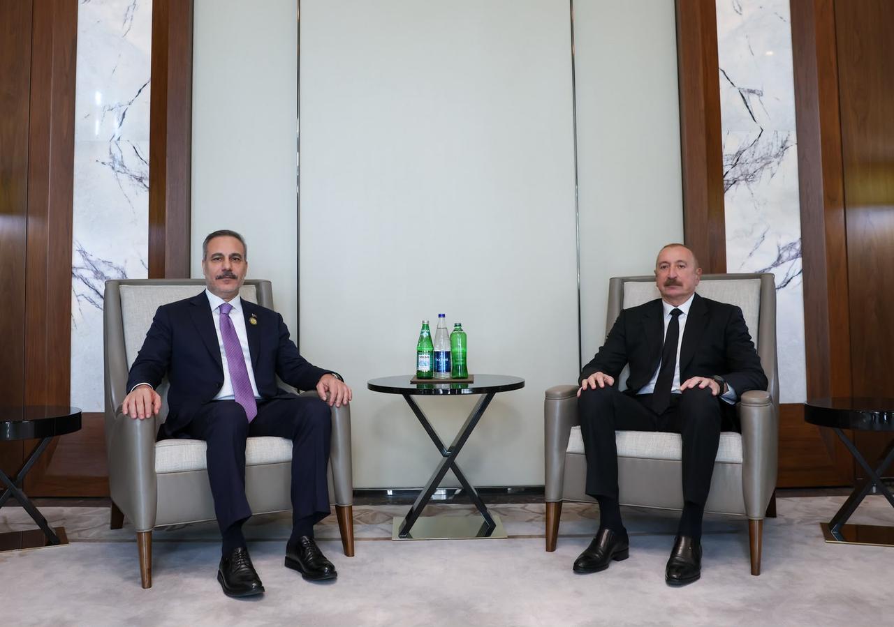 Azerbaijani President Ilham Aliyev meets with Foreign Minister Hakan Fidan (L) on the sidelines of the 7th Summit of the Conference on Interaction and Confidence Building Measures in Asia (CICA) in Baku, Azerbaijan, on October 15, 2026. ( Turkish Foreign Ministry/Handout - Anadolu Agency )