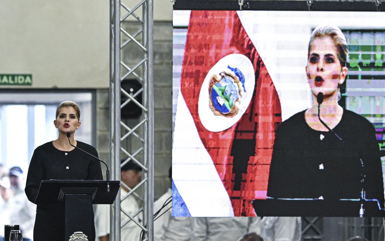 Costa Rica's President Laura Fernandez speaks during the inauguration of the High-Security Center for the Containment of Organized Crime (CACCO) in Alajuela, Costa Rica, on Oct. 14, 2026. (AFP Photo)