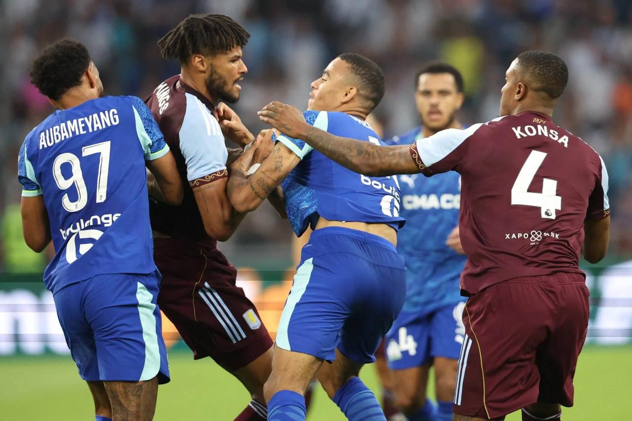 Mason Greenwood and Tyrone Mings clashed during Marseille's victory over Aston Villa. (Photo by Neal Simpson/Allstar)