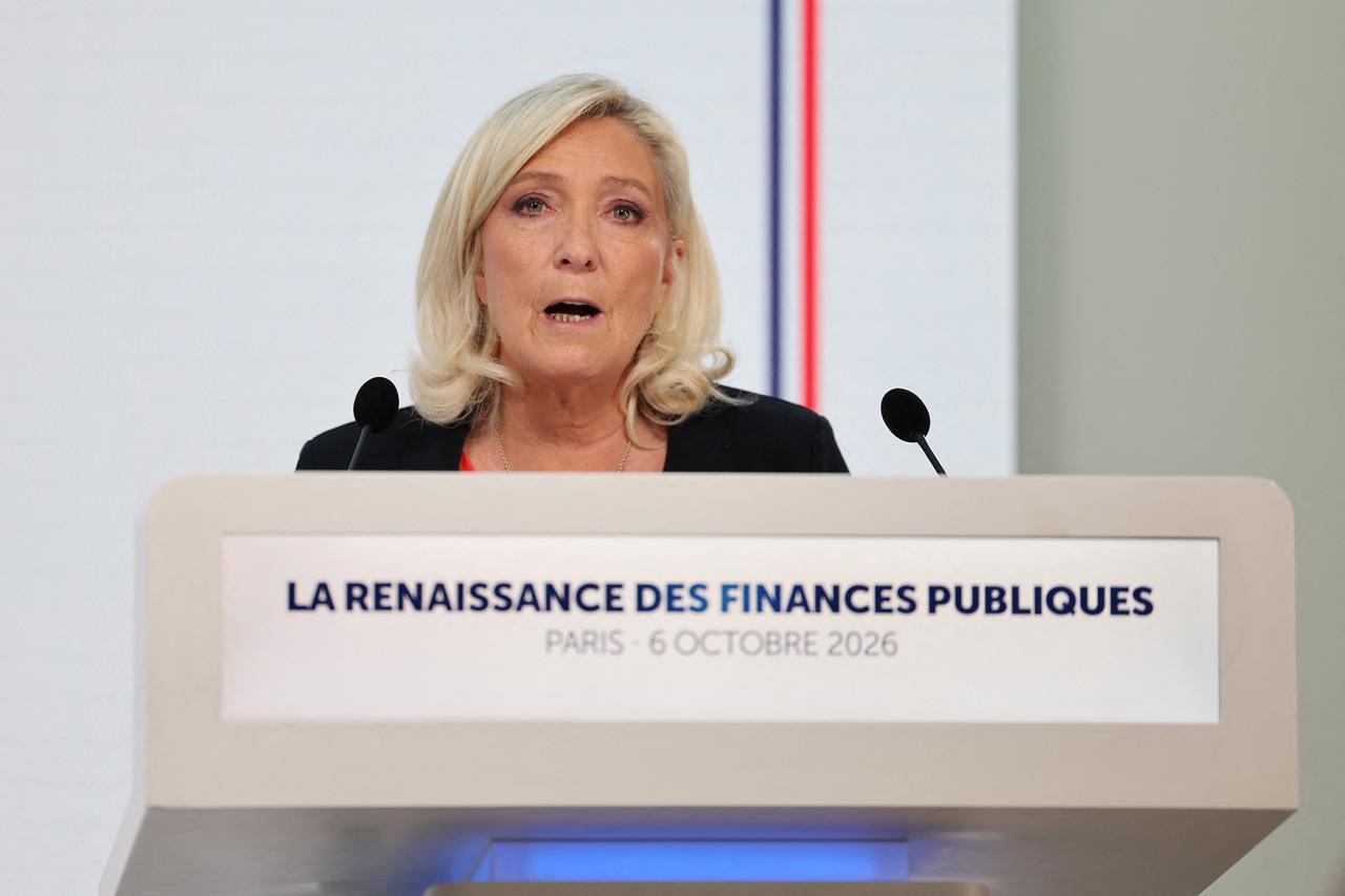 Far-right party Rassemblement National (RN) candidate in France's 2027 presidential election, Marine Le Pen, speaks during a press conference at the party's headquarters in Paris, Oct. 6, 2026. (AFP Photo)