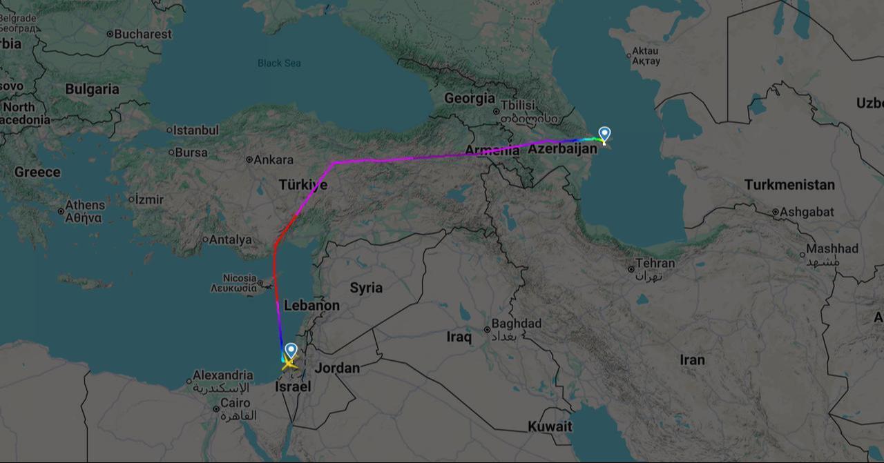 The photo shows Azerbaijan Airlines (AZAL) Boeing 787-8 Dreamliner (VP-BBR) flying from Tel Aviv to Baku, carrying Israeli President Isaac Herzog. (Photo via flightradar24.com)