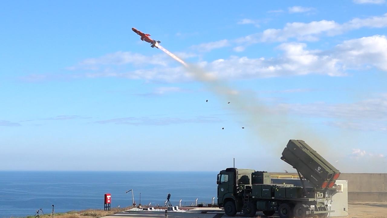 The photo shows Turkish defense firm Roketsan's Cakir cruise missile being launched during a test at an unspecified location and time. (Photo via screengrab from handout video/SSB)