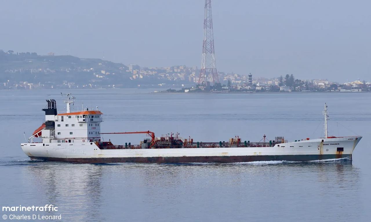 The photo shows a San Marino-flagged Wine Trader ship at the Messina Strait in Sicily, Italy, on May 11, 2026. (Photo via marinetraffic.com)