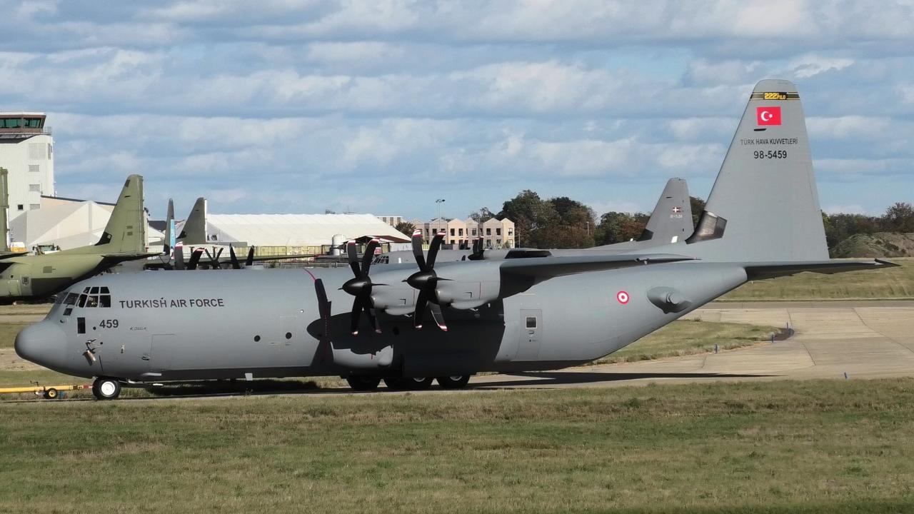 Turkish Air Force's C-130J Hercules 99-5459 at Cambridge Airport, Cambridgeshire, UK, on Oct 13, 2026. (Photo via X/@planespotter19)