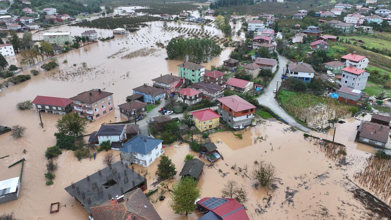 An aerial view of flooded homes and businesses in the Daricayiri neighborhood of Karasu district in Sakarya, Türkiye, following heavy rainfall that has continued since the previous evening, on October 15, 2026. (AA Photo)