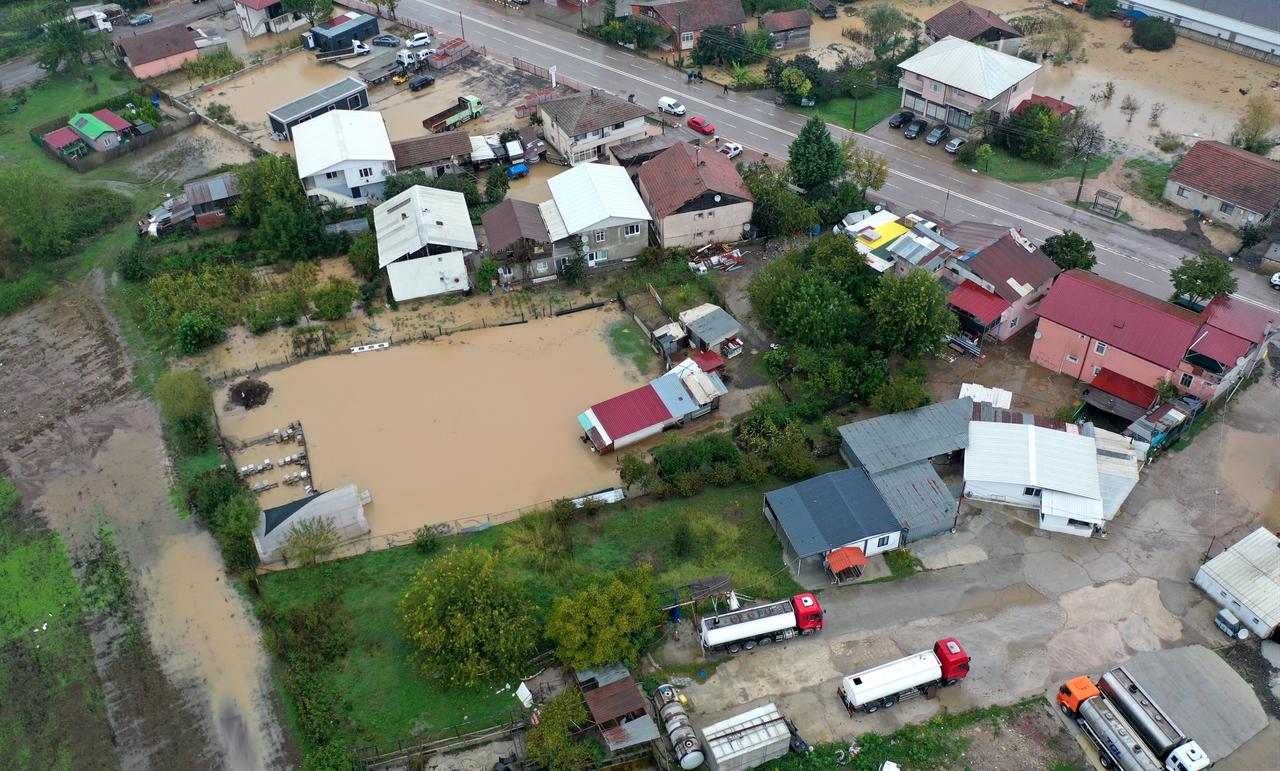 An aerial view of flooded homes, workplaces and waterlogged gardens in the Basiskele district of Kocaeli, Türkiye, on October 15, 2026. (AA Photo)