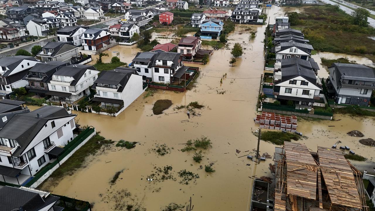 An aerial view of Alandere neighborhood in Kocaali district of Sakarya, Türkiye, where parts of the area are submerged in water following heavy rainfall, on October 16, 2026. (AA Photo)