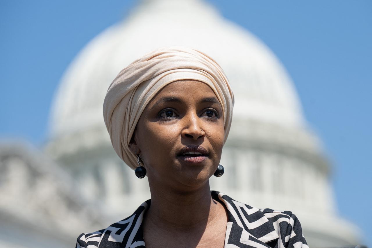 US Representative Ilhan Omar, Democrat of Minnesota, speaks during a press conference with family members of Palestinian-American journalist Shireen Abu Akleh as members of Congress call for US investigations into Israel's actions and reintroduce the Justice for Shireen Act, outside the US Capitol in Washington, DC, May 18, 2023. (AFP File Photo)