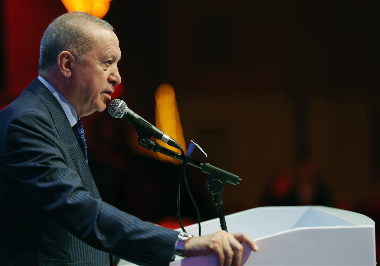 Turkish President Recep Tayyip Erdogan delivers a speech during the 13th Turkiye Innovation Week event, hosted by the Turkish Exporters Assembly (TIM) at the Halic Congress Center in Istanbul, Türkiye, on Oct. 16, 2026. (Photo by TUR Presidency / AA)