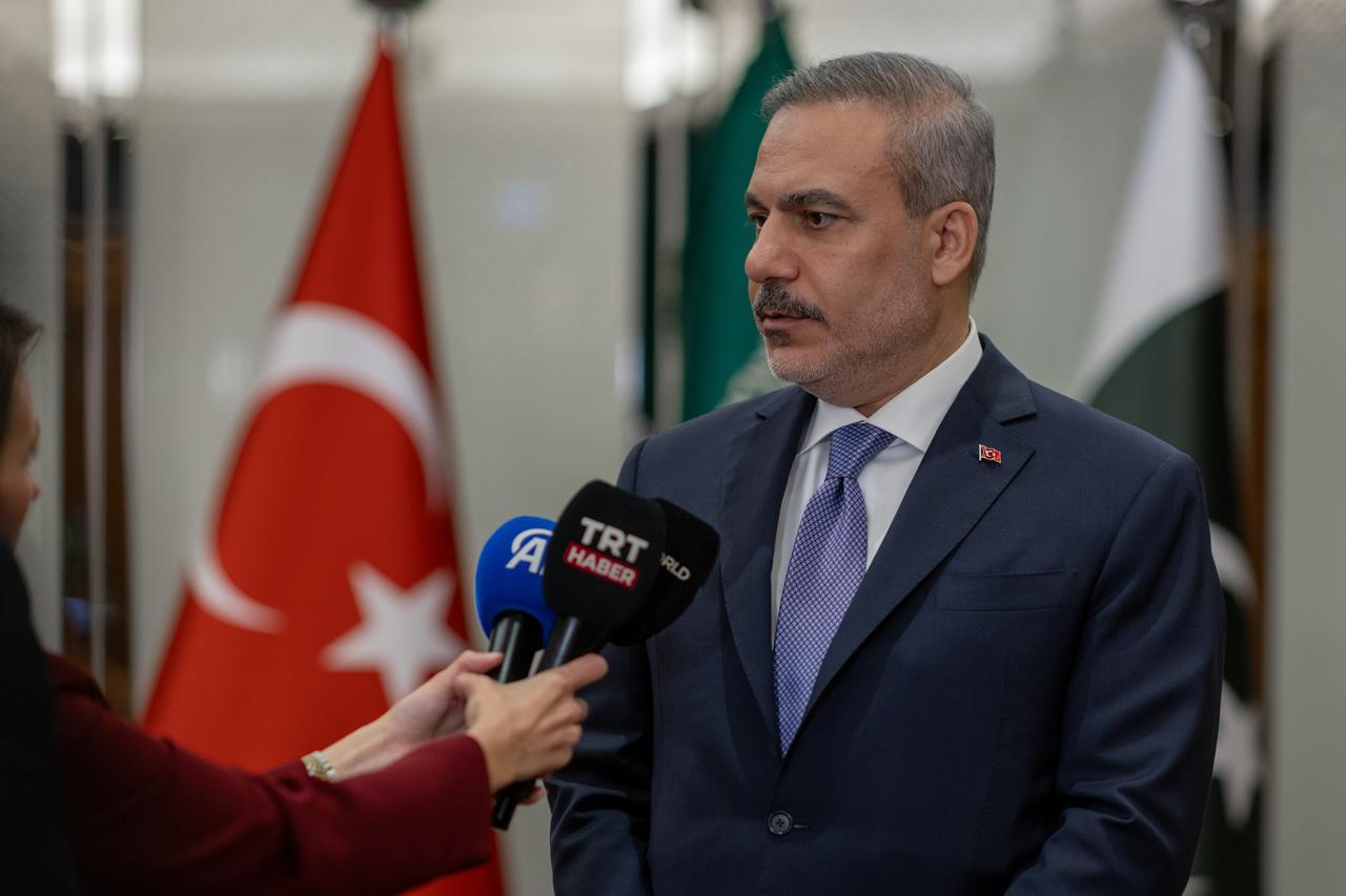 Turkish Foreign Minister Hakan Fidan speaks to press after attending the Strategic Political and Defense Committee Meeting, held under the Mecca Agreement for Joint Defense, in Riyadh, Saudi Arabia on October 5, 2026. (AA Photo)