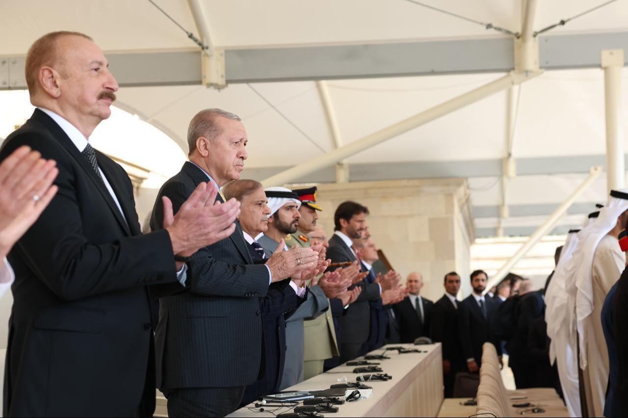 Turkish President Recep Tayyip Erdogan, Azerbaijani President Ilham Aliyev and Pakistani Prime Minister Shahbaz Sharif attend Victory Day Ceremony in Baku, Azerbaijan on Nov. 8, 2025. (Turkish Presidency / AA Photo)