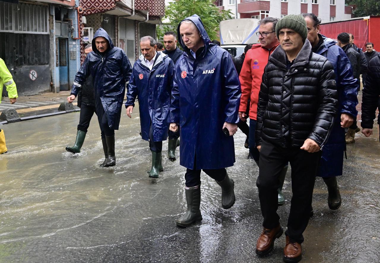 Istanbul Governor Davut Gul inspects ongoing response efforts in Sariyer, one of the districts affected by two days of heavy rainfall in Istanbul, Türkiye on October 15, 2026. (AA Photo)
