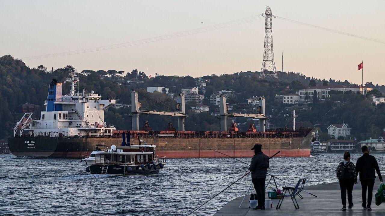 Asl Tia, a cargo vessel carrying Ukrainian grain, sails on the Bosphorus to the Marmara Sea in Istanbul, Türkiye, on November 2, 2022. (AFP Photo)