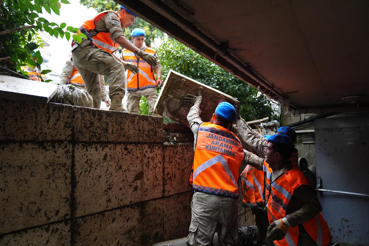 The Istanbul Gendarmerie Commando Brigade Command supports cleaning works in the Sariyer district, which was affected by flood and water inundations, in Istanbul, Türkiye on October 17, 2026. (AA Photo)