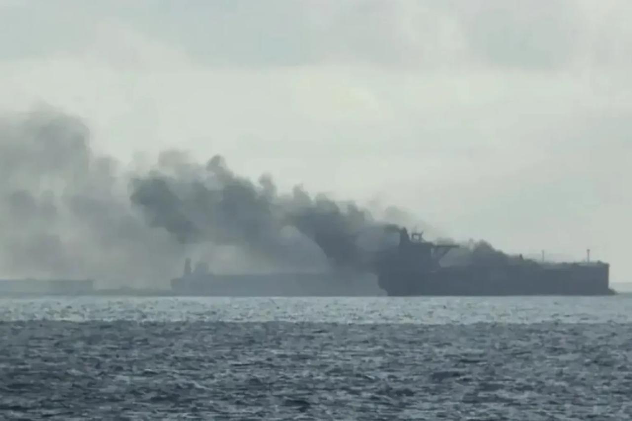 Picture reportedly shows the Elbus oil tanker Elbus (formerly Euroleader) hit by a suspected drone in the Black Sea on Jan. 8, 2026. (Photo via East2West)