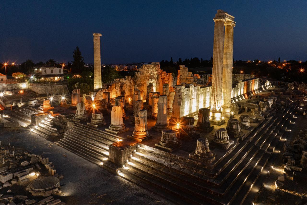 An aerial view of the ancient Temple of Apollo in the Didim district of Aydin, Türkiye, illuminated as part of the Night Museum program on June 25, 2026. (AA Photo)