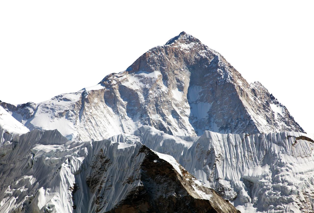 A snow-covered Himalayan mountain peak rises above steep glaciers and rocky ridges. (Adobe Stock Photo)
