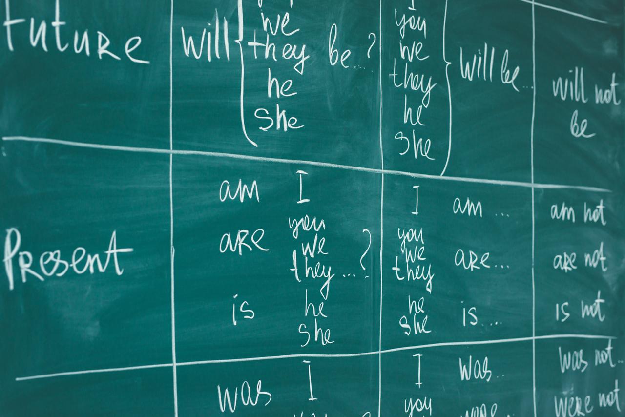 English grammar rules are written on a classroom chalkboard, illustrating language learning and verb structures, undated. (Adobe Stock Photo)
