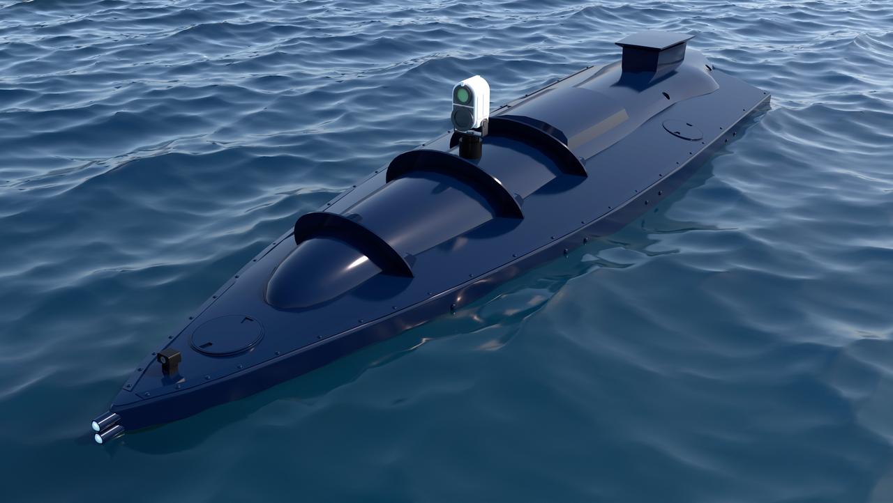 A digital illustration depicts an unmanned underwater vehicle equipped with surveillance sensors navigating the ocean surface. (Adobe Stock Photo)