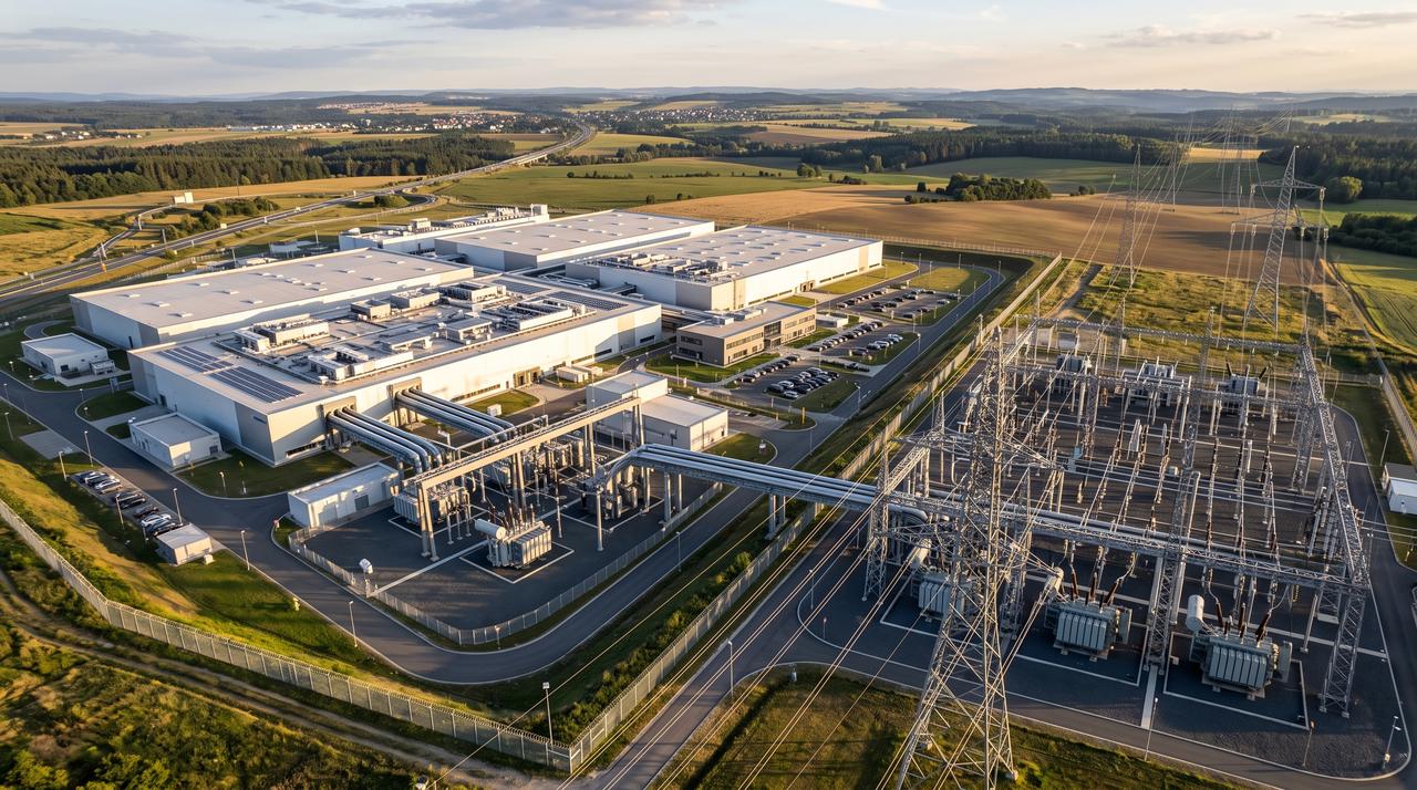An aerial view shows a large data center complex alongside an electrical substation and high-voltage transmission lines. (Adobe Stock Photo)