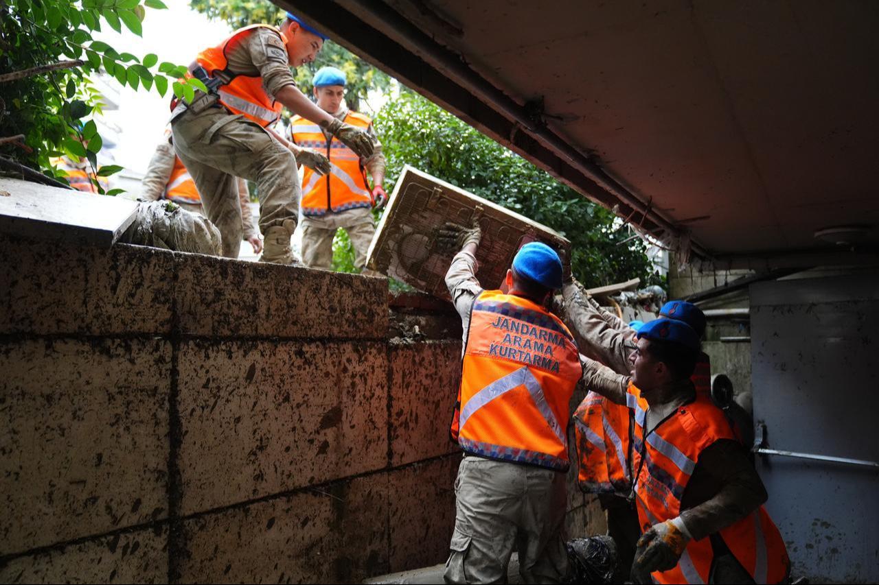 The Istanbul Gendarmerie Commando Brigade Command supports cleaning works in the Sariyer district, which was affected by flood and water inundations, in Istanbul, Türkiye on October 17, 2026. (AA Photo)