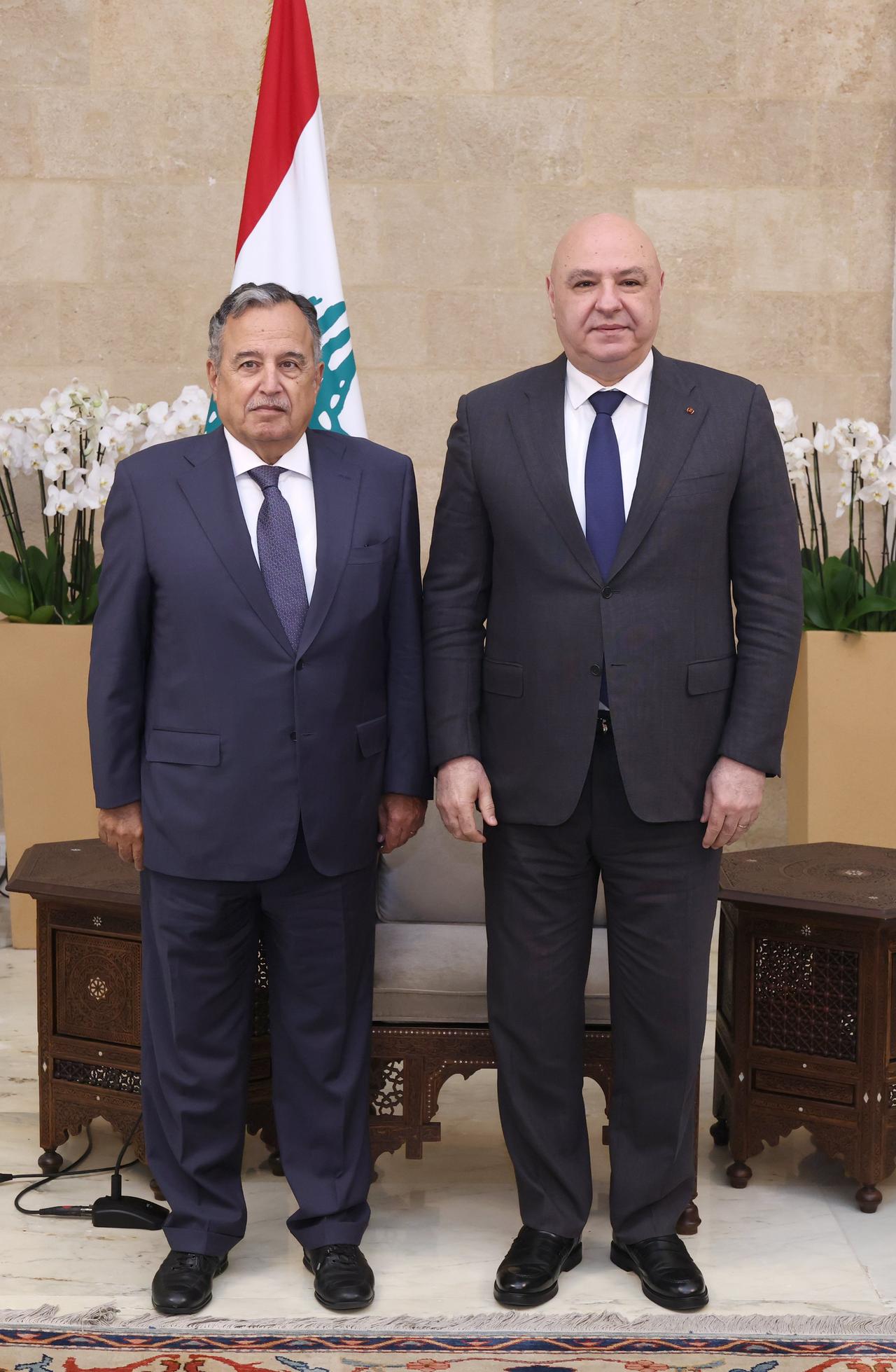 Lebanese President Joseph Aoun (R) meets with Secretary-General of the Arab League Nabil Fahmi (L) at the Baabda Palace in Beirut, Lebanon on October 19, 2026. (Lebanese Presidency / Handout / AA Photo)