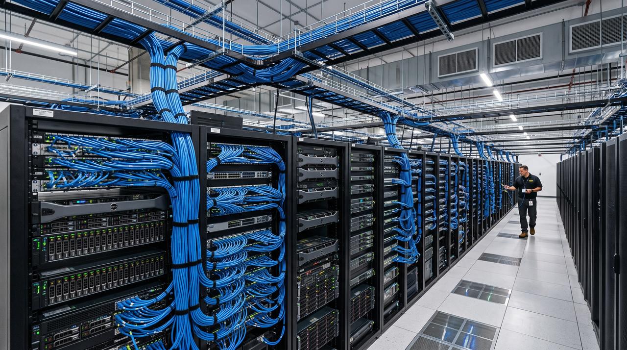 A technician inspects equipment inside a data center lined with server racks and network cables. (Adobe Stock Photo)