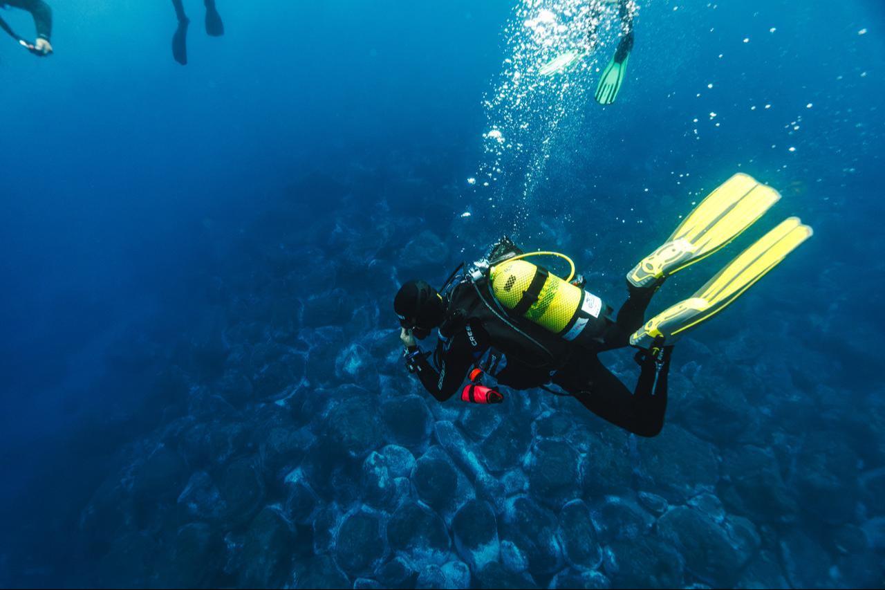 A scuba diver equipped with an underwater camera swims over a rocky seabed during a marine exploration dive off the coast of Portugal, Oct. 18, 2026. (AFP Photo)