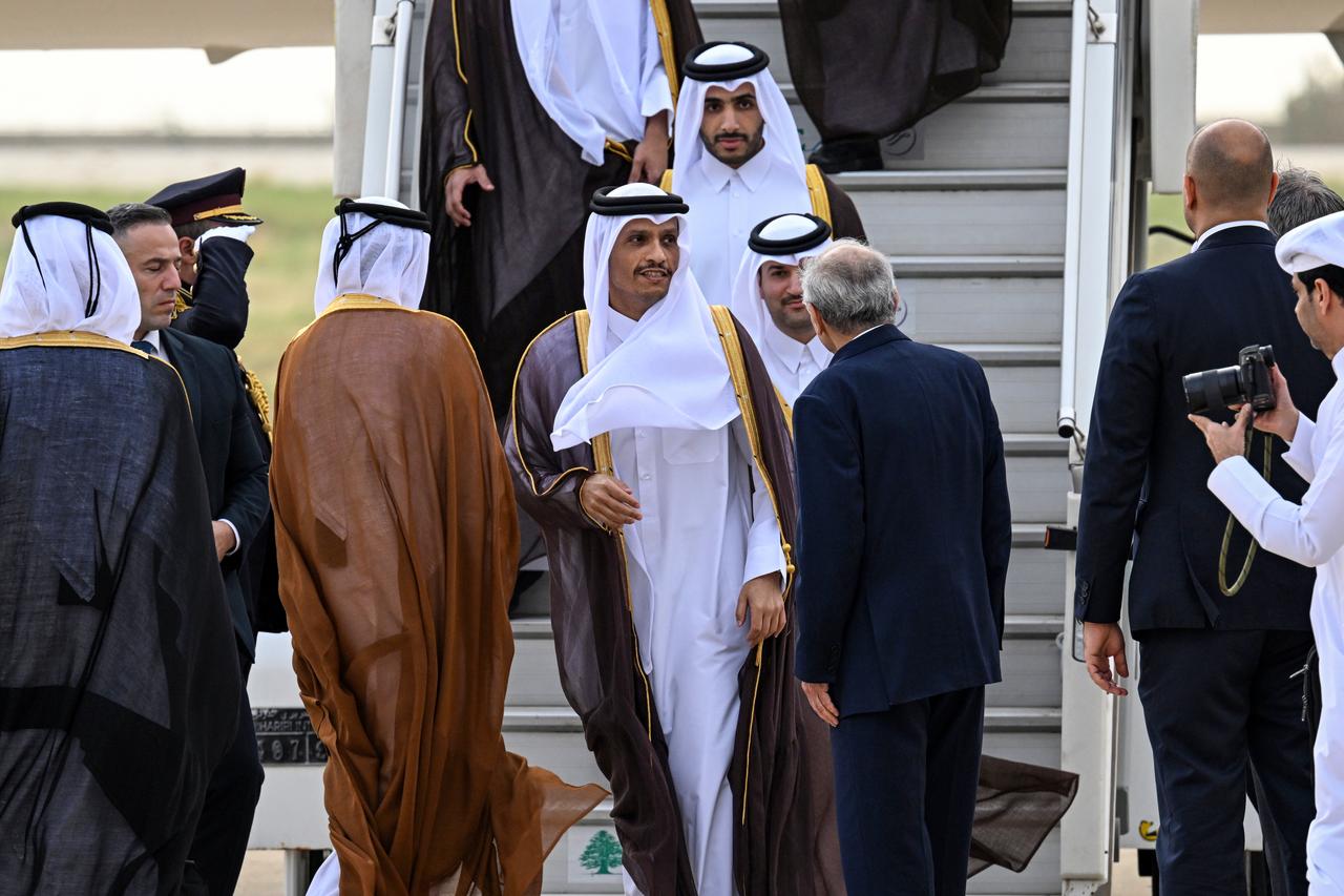Prime Minister and Minister of Foreign Affairs of Qatar Sheikh Mohammed bin Abdulrahman bin Jassim Al Thani is welcomed by Prime Minister of Lebanon Nawaf Salam upon his arrival at Rafic Hariri International Airport in Beirut, Lebanon, on October 15, 2026. (AA Photo)