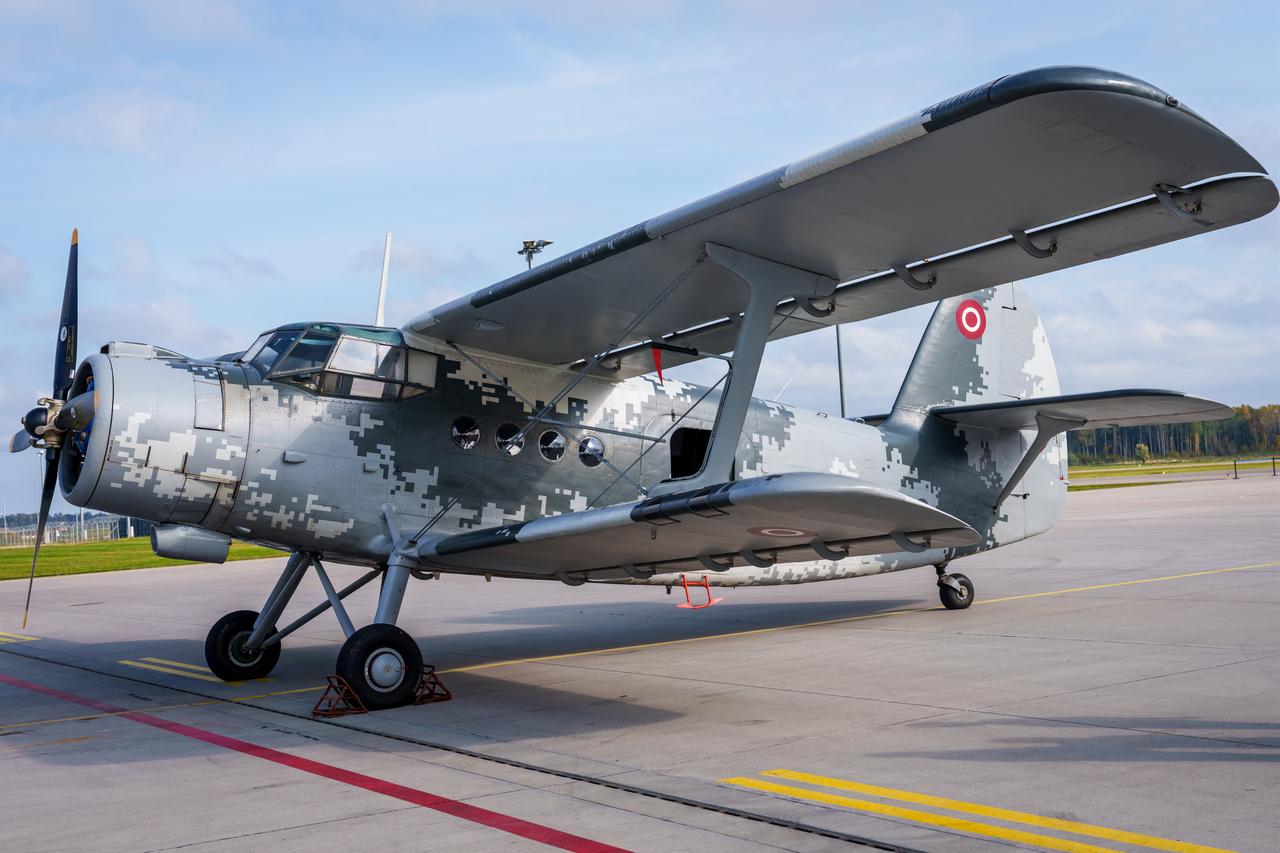 A Soviet-designed Antonov An-2 biplane of the Latvian Air Force is displayed during the NATO Media Day at Lielvarde Air Base in Lielvarde, Latvia, on October 1, 2026. (AFP Photo)