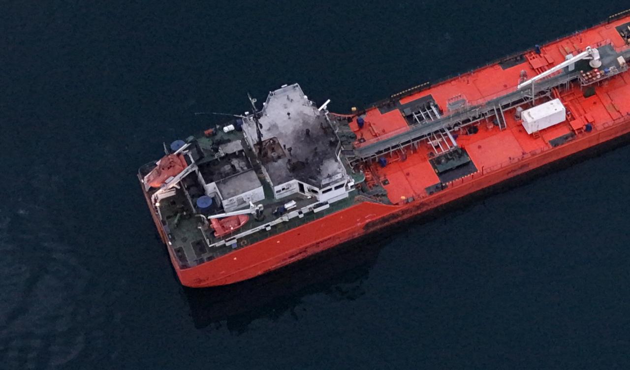 An aerial view of the "MIDVOLGA-2," a vessel sailing from Russia to Georgia, arriving off the coast of Sinop, a northern province of Türkiye, after coming under attack in international waters in the Black Sea, Dec. 2, 2025. (AA Photo)