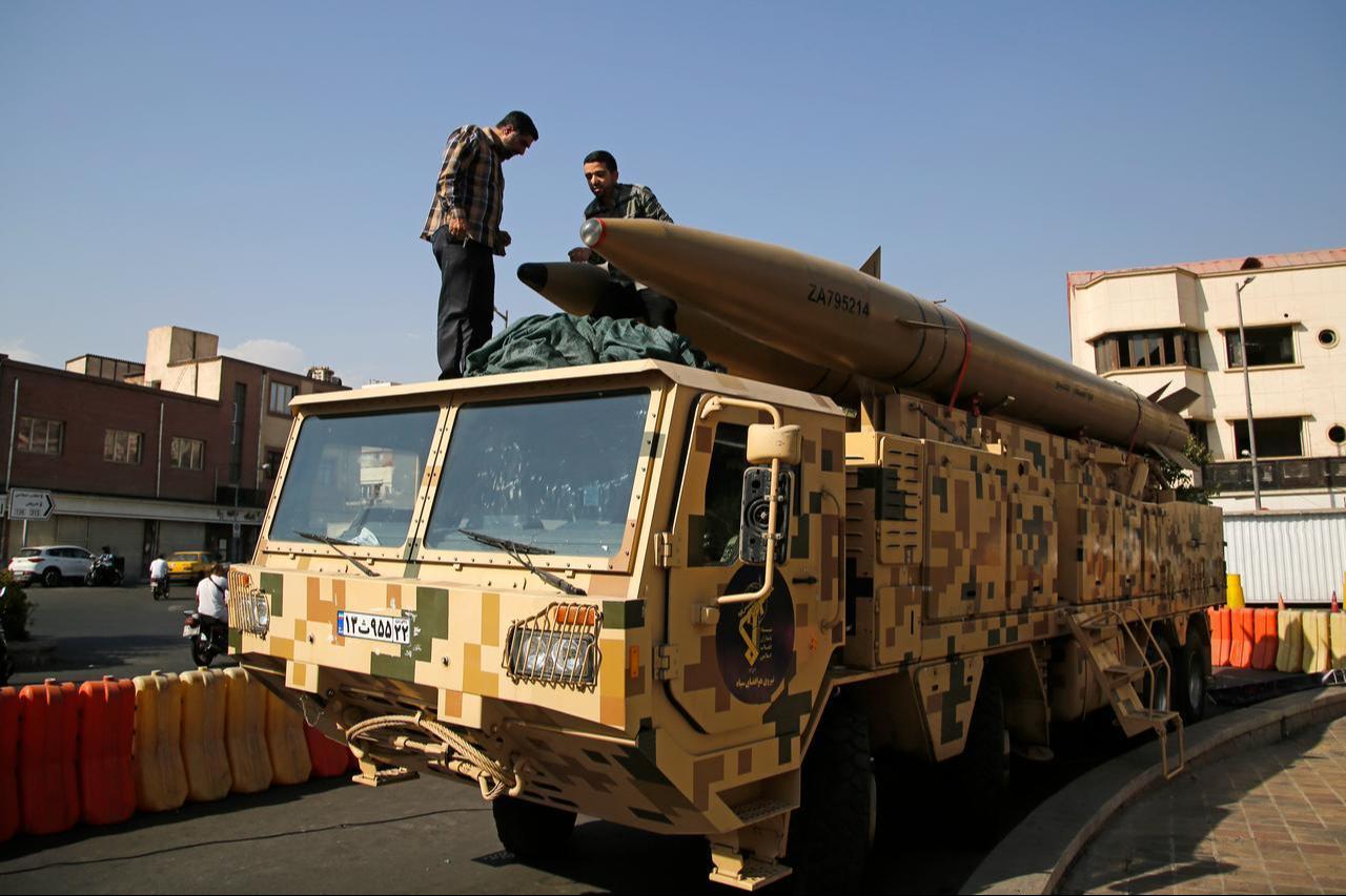 Ballistic missiles, air defense systems and unmanned aerial vehicles are displayed at Baharestan Square as part of Iran's "Sacred Defense Week" amid ongoing tensions in Tehran, Iran, Sept. 29, 2026. (AA Photo)