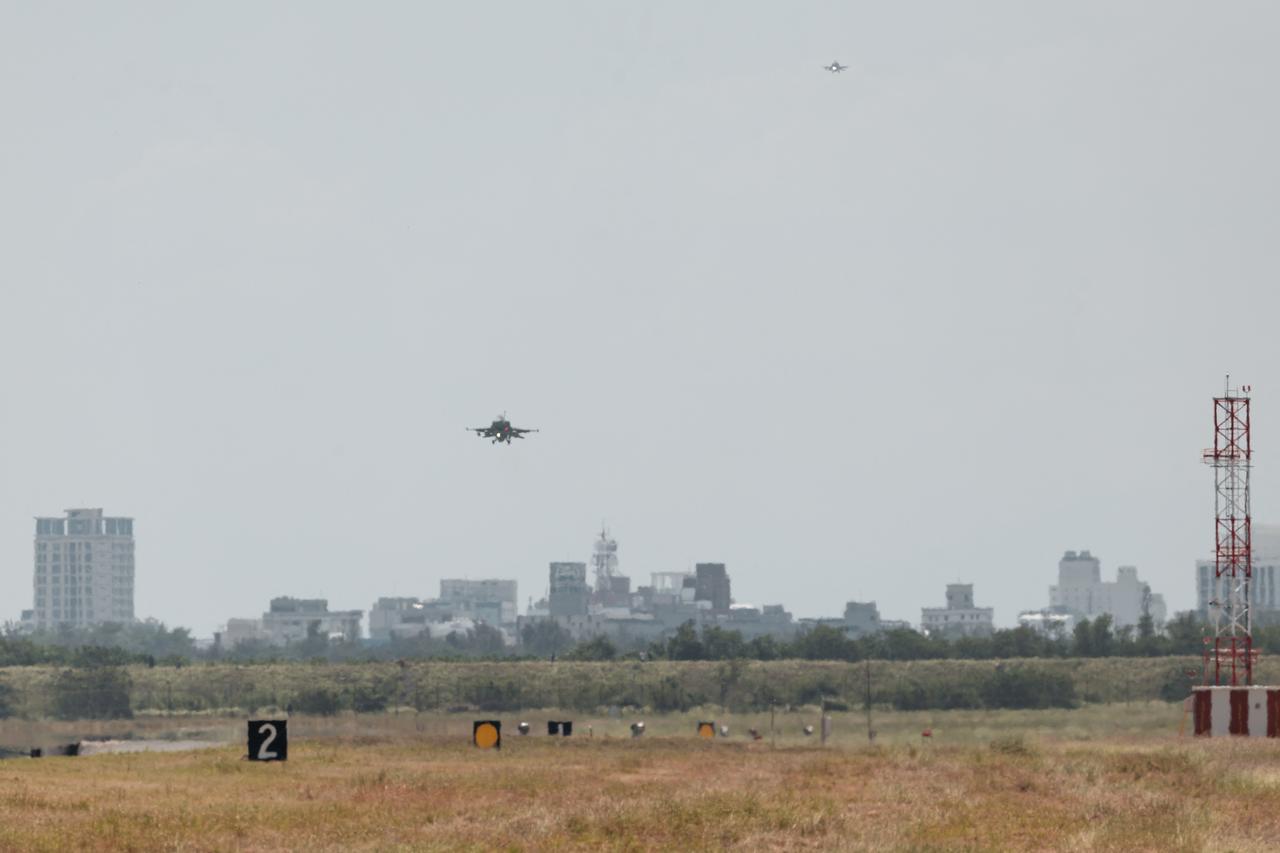 Two newly purchased F-16V Block 70 fighter jets arrive at Chihhang Air Base in Taitung on October 2, 2026. (AFP Photo)