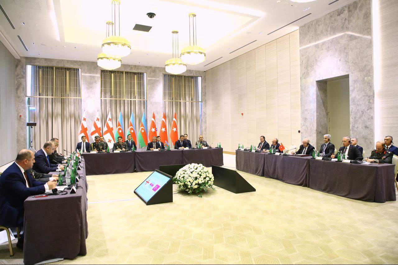 Azerbaijan’s Defense Minister Zakir Hasanov, Türkiye’s Defense Minister Yasar Guler and Georgia’s Defense Minister Irakli Chikovani attend the 13th Trilateral Defense Ministers’ Meeting in Shusha, Azerbaijan, Oct. 2, 2026. (AA Photo)