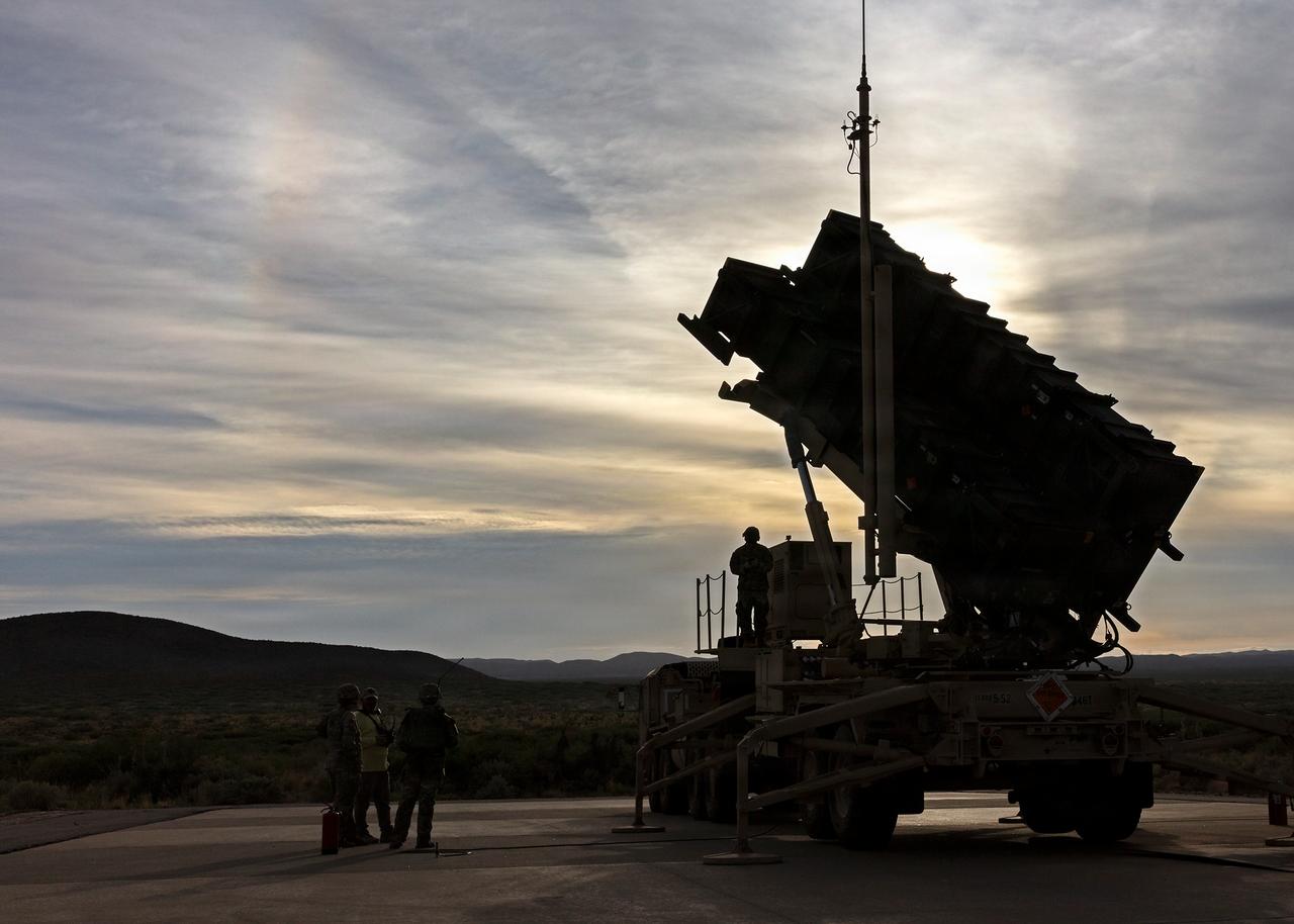 Soldiers and trainers stand on and around an elevated PATRIOT missile launcher on the Fort Bliss Training Complex in New Mexico, Sept. 19, 2026. (Photo via U.S. Army)