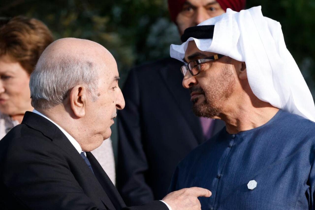 Algerian President Abdelmadjid Tebboune (L) speaks with Emirati President Sheikh Mohamed bin Zayed Al Nahyan as they pose for a family photo with G7 heads of states and delegations of outreach countries at Borgo Egnazia resort during the G7 Summit hosted by Italy, in Savelletri, on June 14, 2024. (AFP Photo)