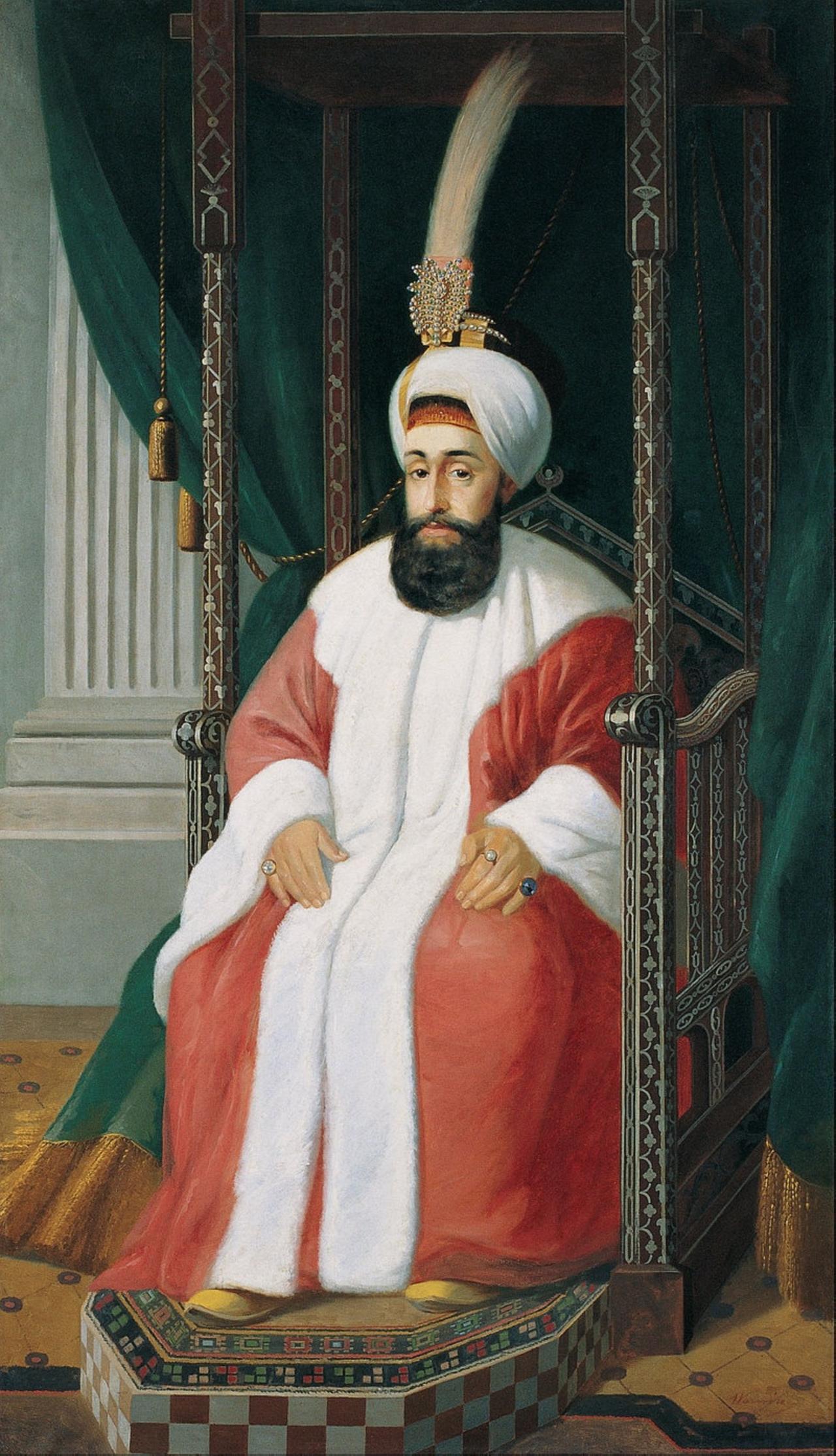 A portrait by Joseph Warnia-Zarzecki depicts Ottoman Sultan Selim III seated on the Arife Throne, wearing an elaborate turban and a red, fur-trimmed robe. (Courtesy of Pera Museum)