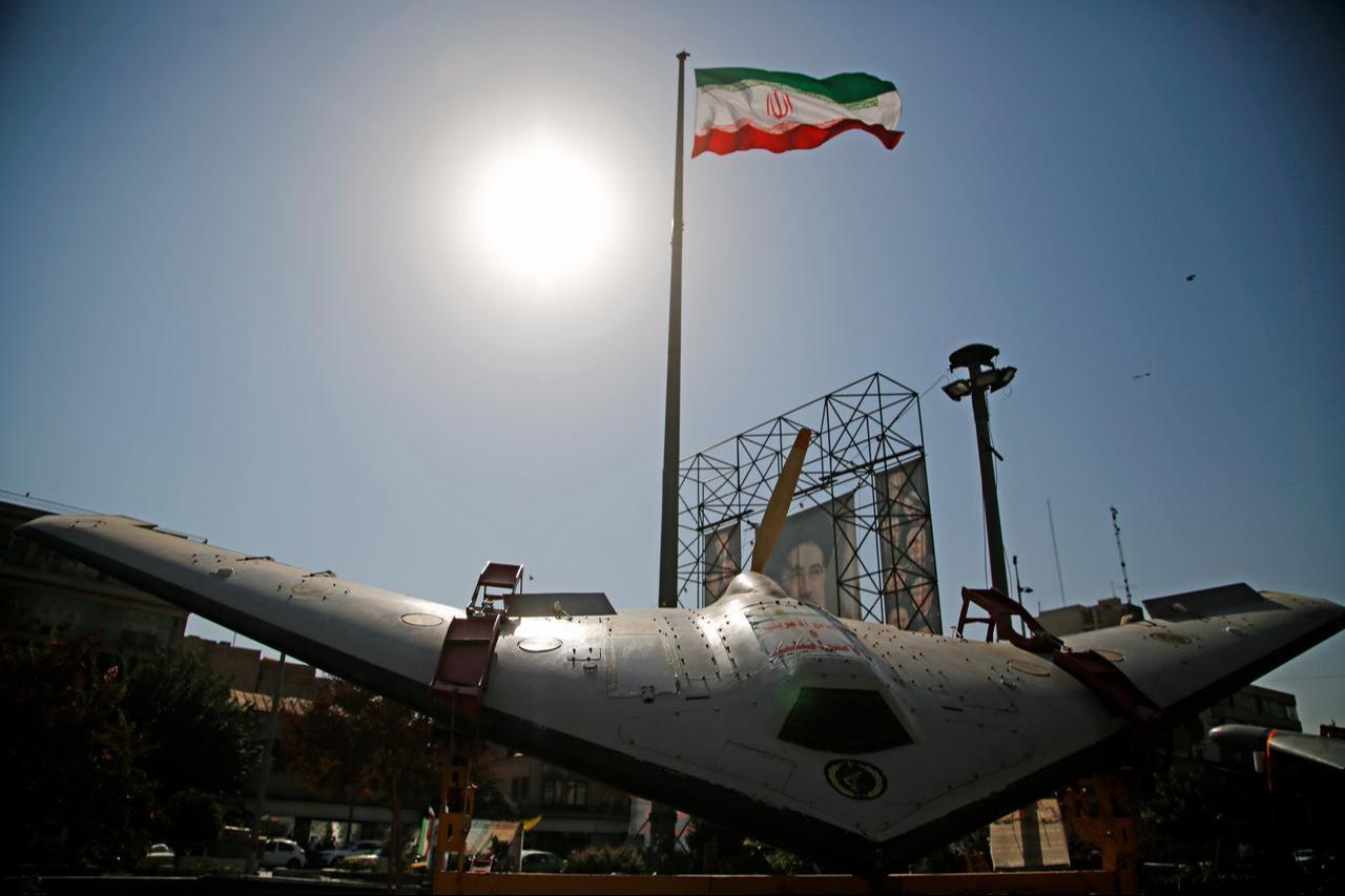 An Iranian flag is seen as ballistic missiles, air defense systems and unmanned aerial vehicles are displayed at Baharestan Square in Tehran, Iran, on Sept. 29, 2026. (AA Photo)