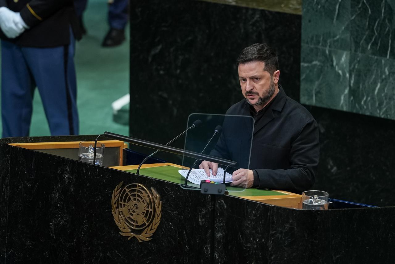 President of Ukraine, Volodymyr Zelenskyy delivers a speech during the 81st United Nations General Assembly (UNGA) in New York, United States, on September 23, 2026. (AA Photo)