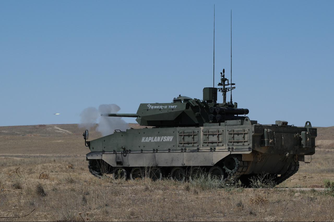 Turkish defense firm FNSS' Kaplan Fire Support Vehicle (FSV) during firing tests at an undisclosed location in Türkiye on 19 July, 2025. (AA Photo)